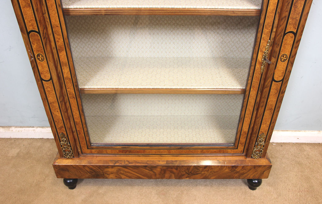 11260r8 Antique Victorian Burr Walnut Pier Cabinet, Antique Victorian Burr Walnut Pier Display Cabinet