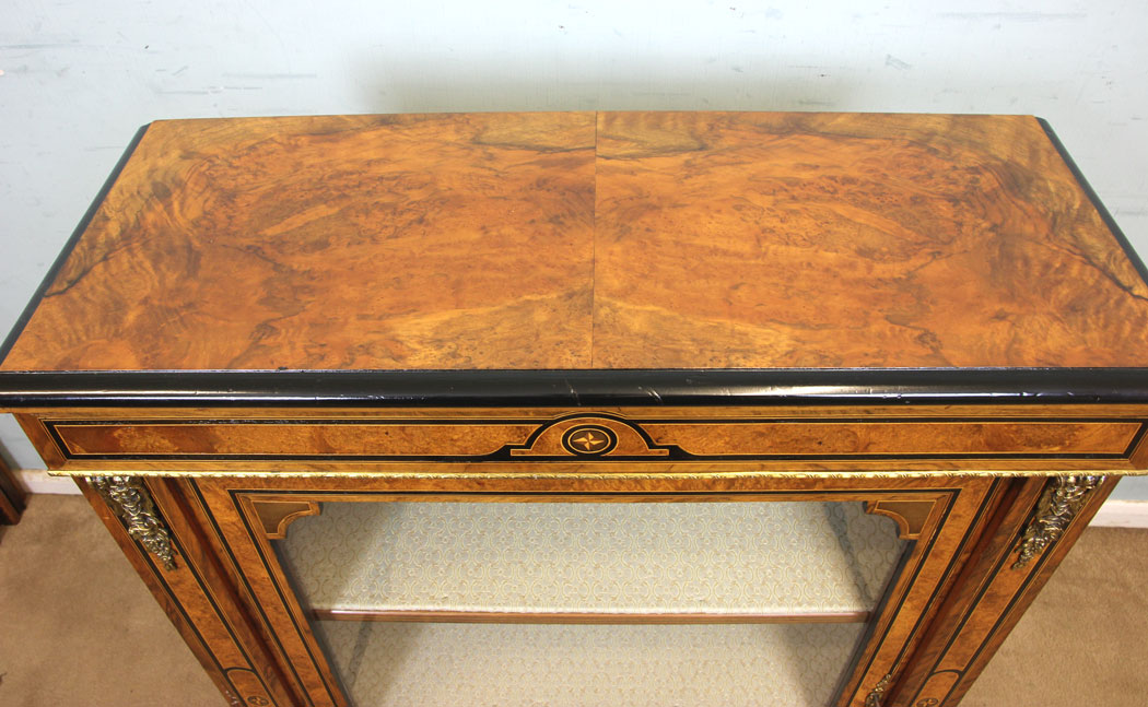11260r9 Antique Victorian Pier Cabinet, Antique Victorian Burr Walnut Pier Display Cabinet.