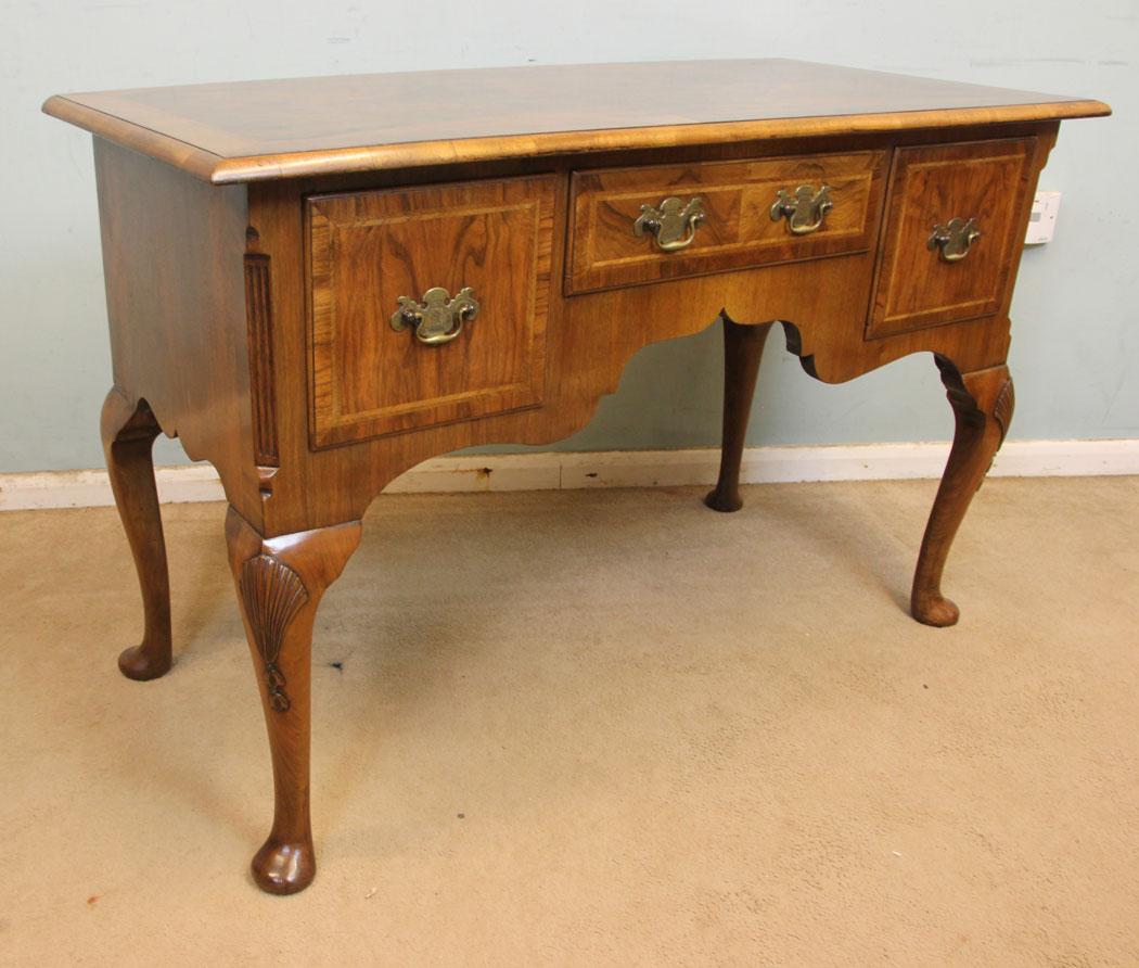 11262r8 Antique Burr walnut Side Table, Lowboy, Antique Burr Walnut Lowboy Writing Side Table