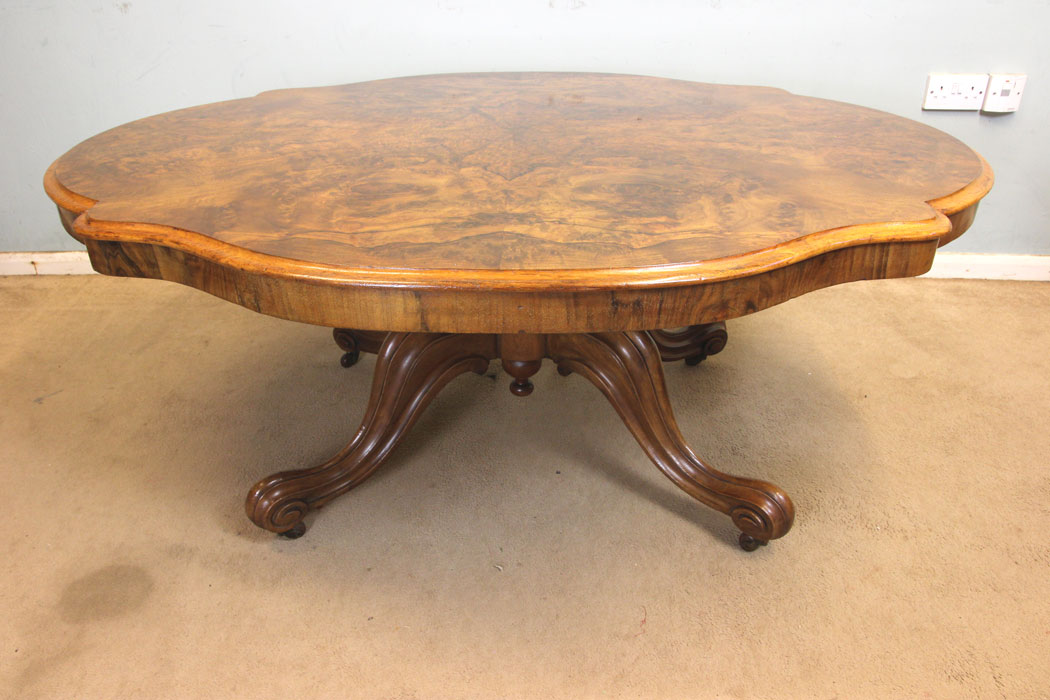 11263r3 Antique Victorian Burr walnut Coffee Table, Antique Victorian Burr Walnut Shaped Coffee Table.