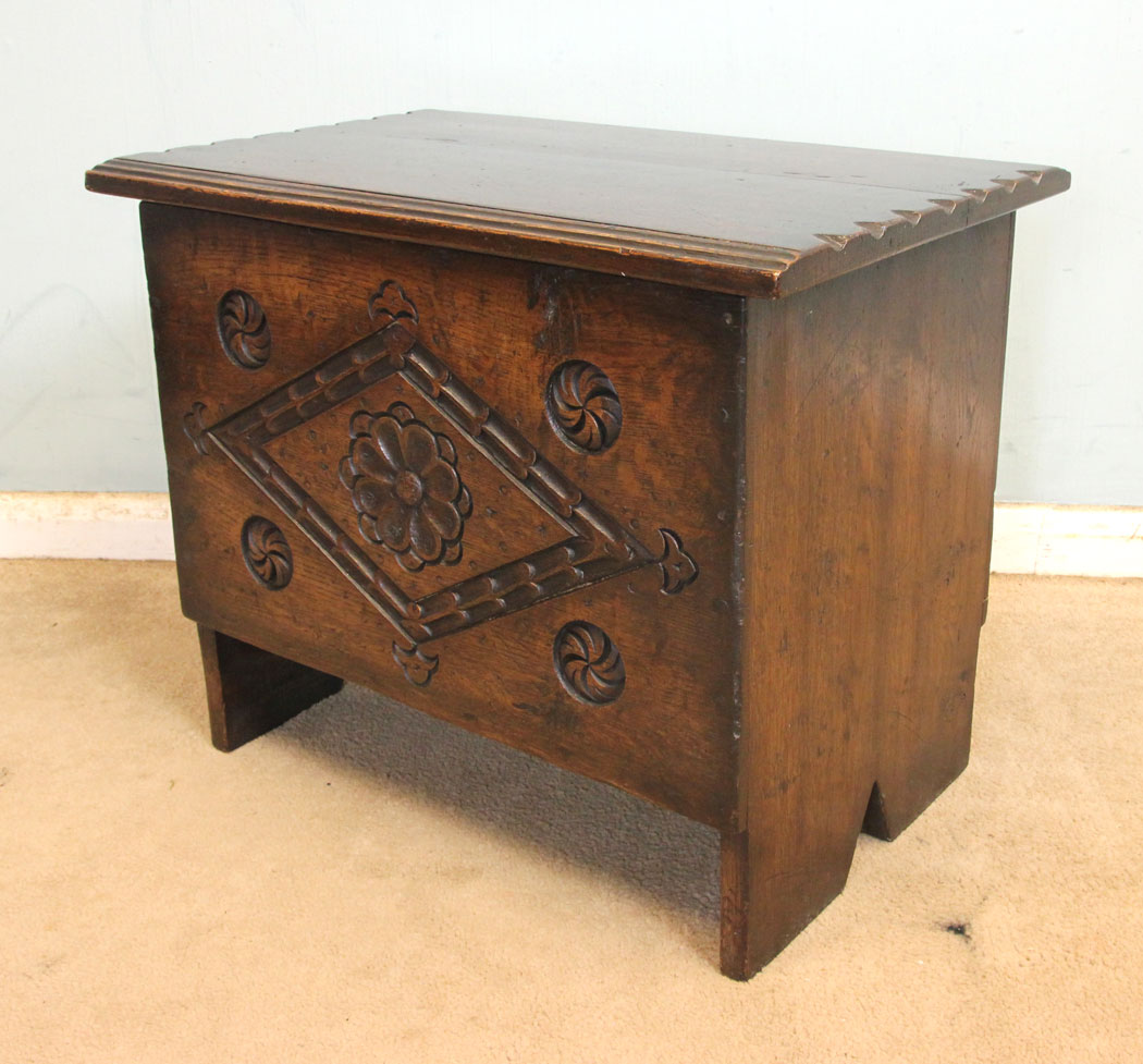 11264r4 Antique Small Oak Coffer Box, Antique Small Carved Oak Coffer Chest