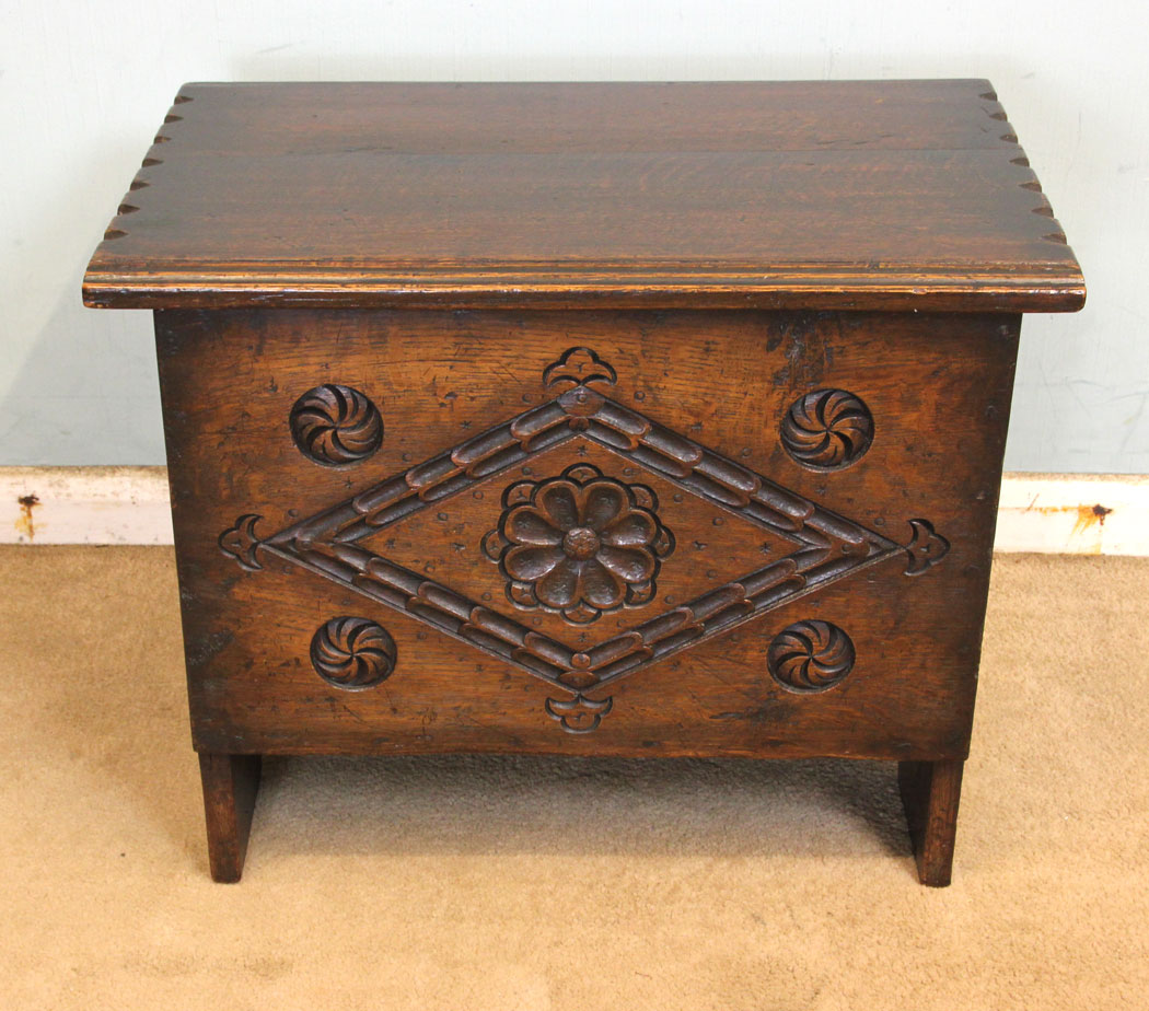 11264r6 Antique Small Oak Coffer Box, Antique Small Carved Oak Coffer Chest