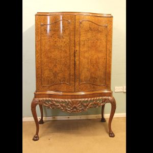 Antique Queen Anne Style Burr Walnut Cocktail Drinks Cabinet