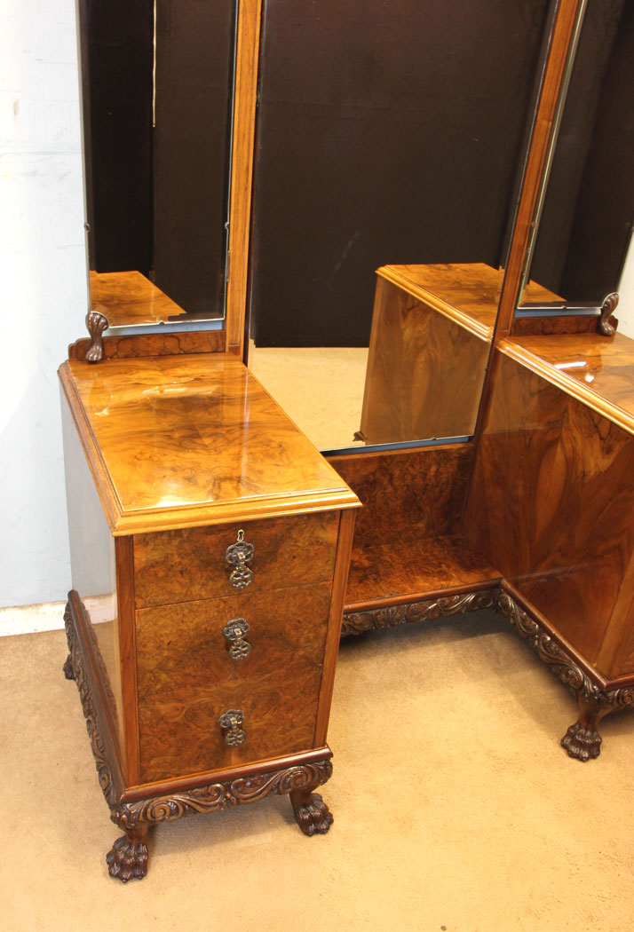 11300r10 Antique Burr Walnut Dressing Table, Superb Antique Burr Walnut Triple Mirror Dressing Table