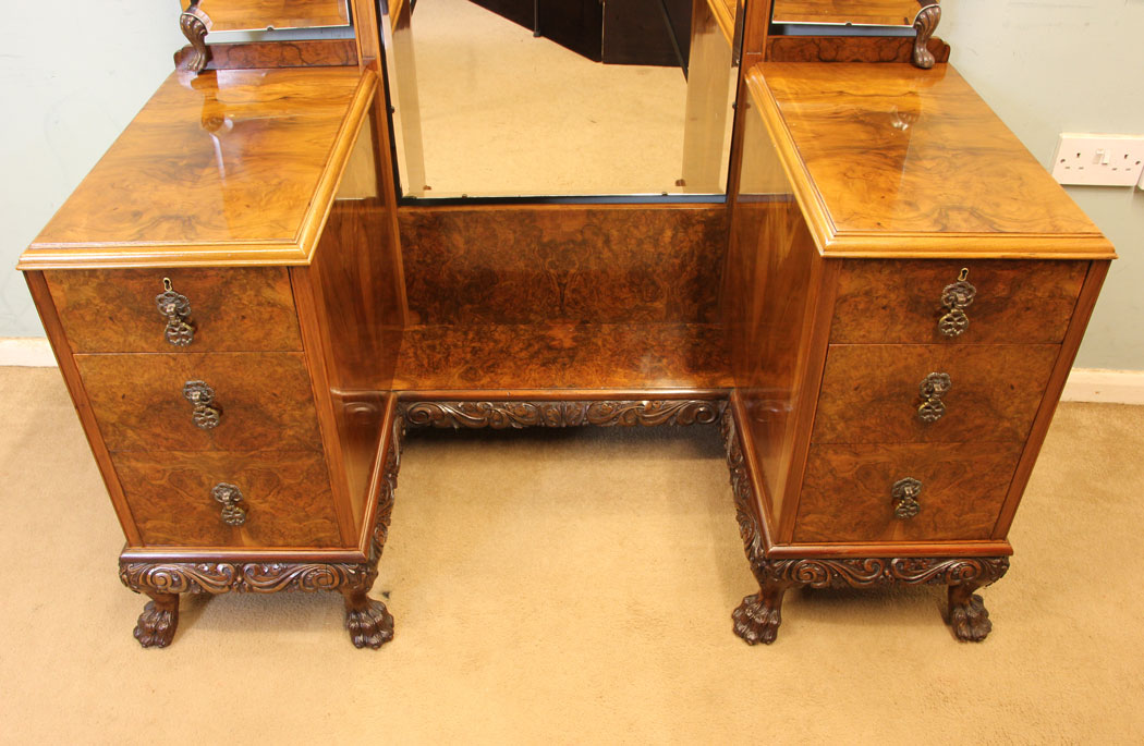 11300r3 Antique Burr Walnut Dressing Table, Superb Antique Burr Walnut Triple Mirror Dressing Table