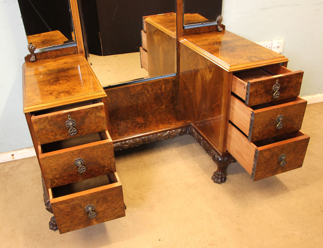 11300r9 Antique Burr Walnut Dressing Table, Superb Antique Burr Walnut Triple Mirror Dressing Table