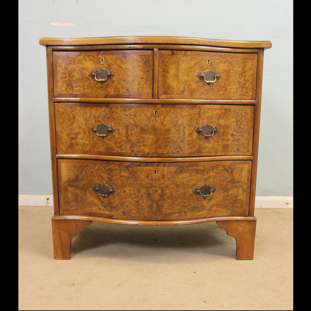 11301r01 Antique Small Burr Walnut Chest of Drawers, Antique Small Burr Walnut Serpentine Shaped Chest of Drawers