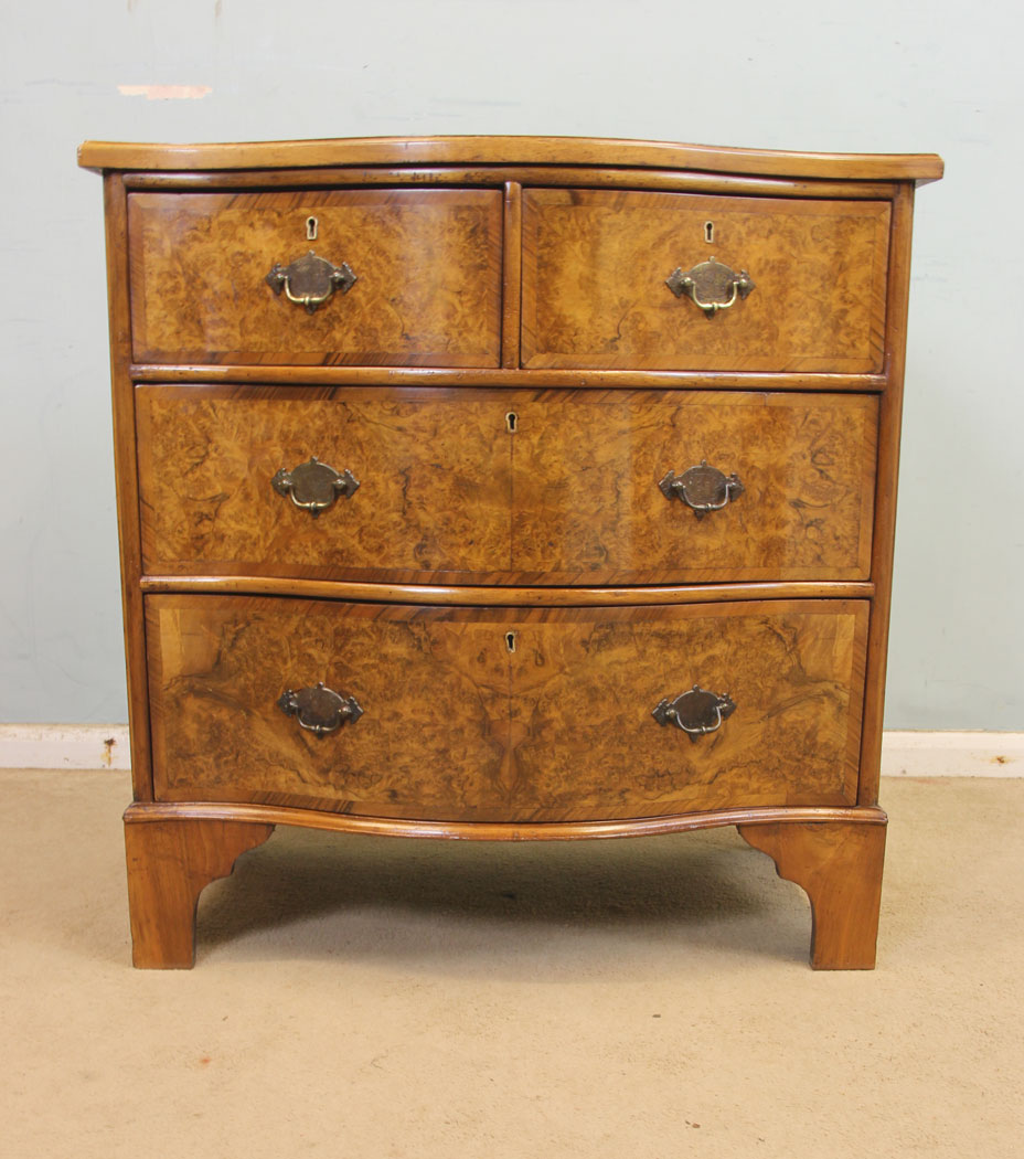 11301r1 Antique Small Burr Walnut Chest of Drawers, Antique Small Burr Walnut Serpentine Shaped Chest of Drawers
