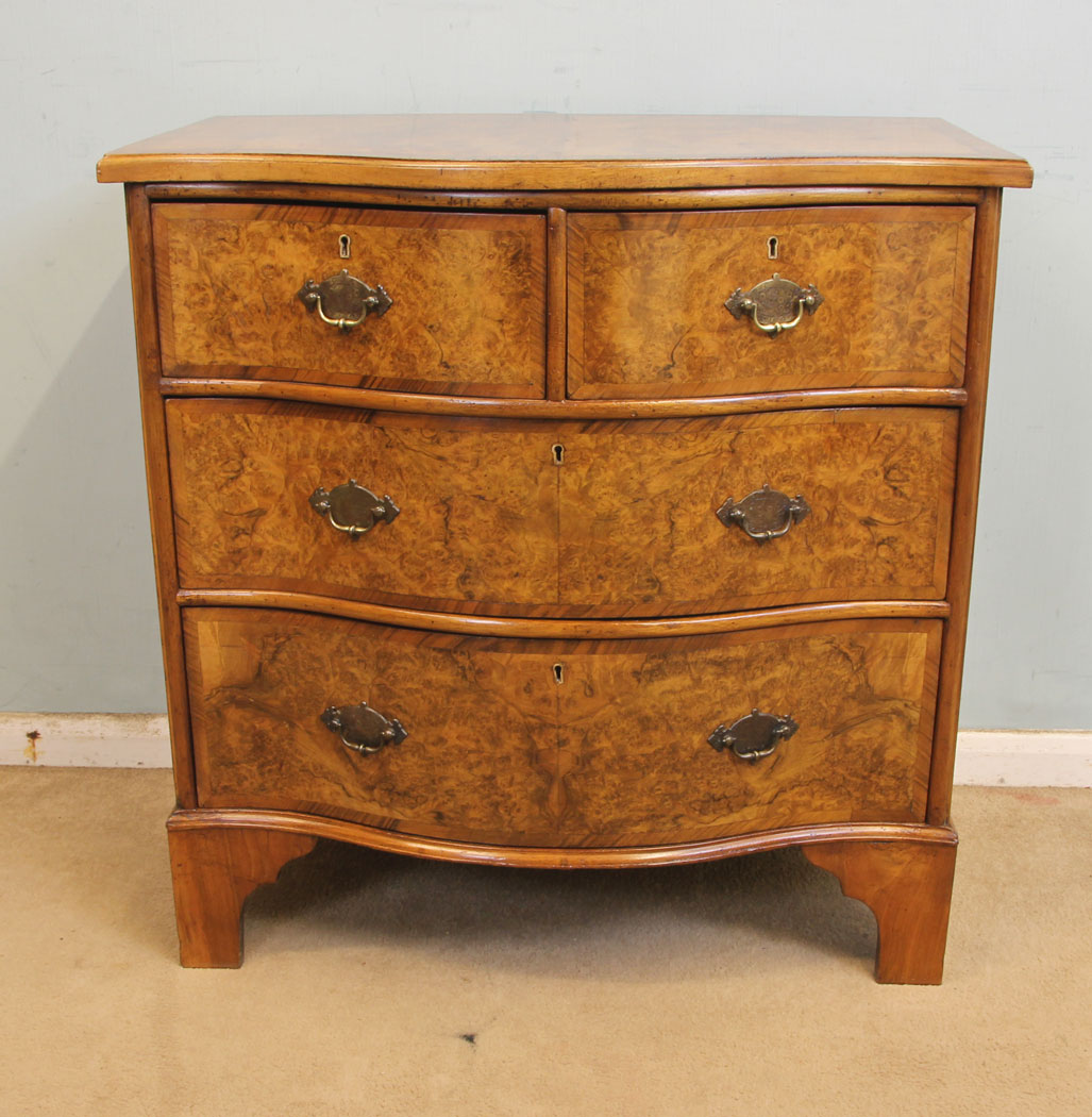 11301r11 Antique Small Burr Walnut Chest of Drawers, Antique Small Burr Walnut Serpentine Shaped Chest of Drawers