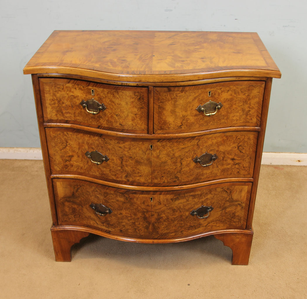 11301r2 Antique Small Burr Walnut Chest of Drawers, Antique Small Burr Walnut Serpentine Shaped Chest of Drawers