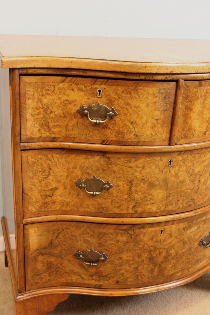 11301r4 Antique Small Burr Walnut Chest of Drawers, Antique Small Burr Walnut Serpentine Shaped Chest of Drawers