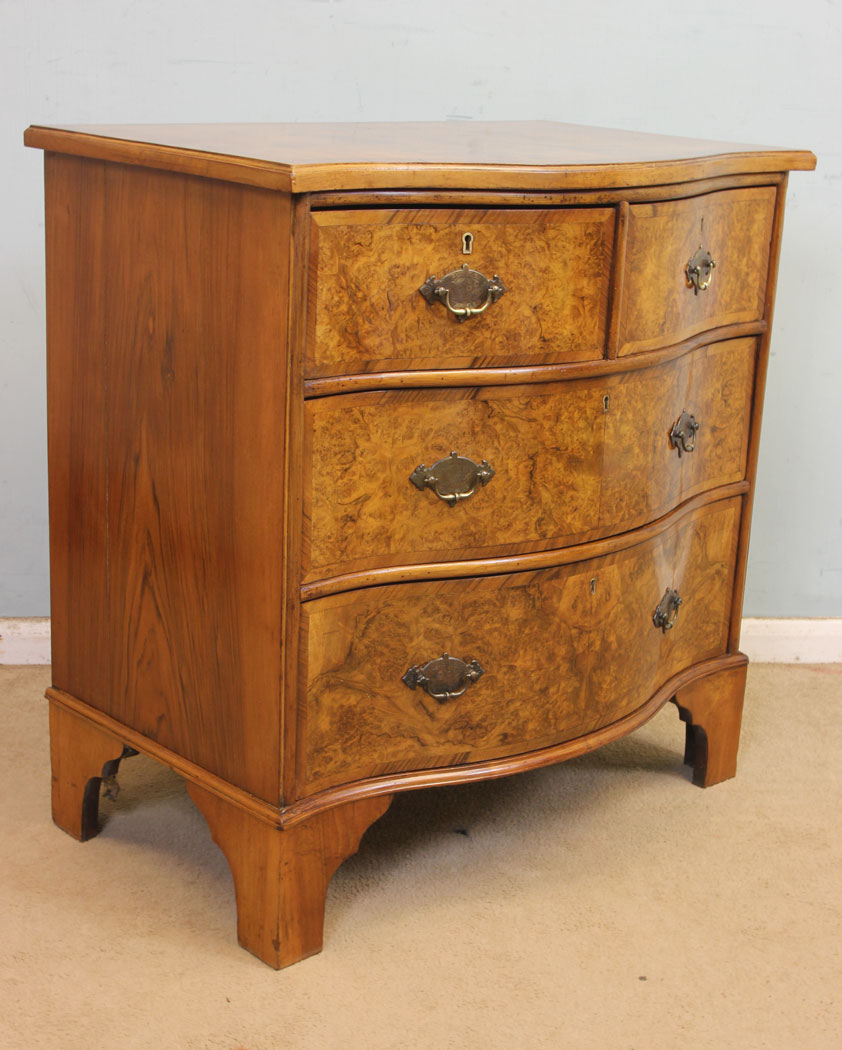 11301r5 Antique Small Burr Walnut Chest of Drawers, Antique Small Burr Walnut Serpentine Shaped Chest of Drawers