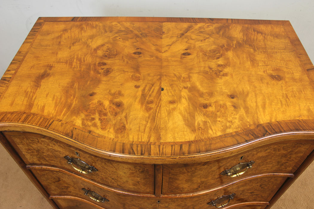 11301r6 Antique Small Burr Walnut Chest of Drawers, Antique Small Burr Walnut Serpentine Shaped Chest of Drawers