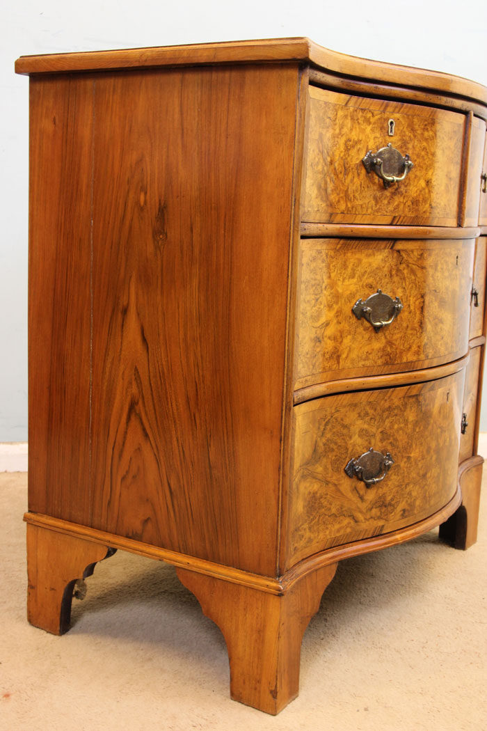 11301r9 Antique Small Burr Walnut Chest of Drawers, Antique Small Burr Walnut Serpentine Shaped Chest of Drawers