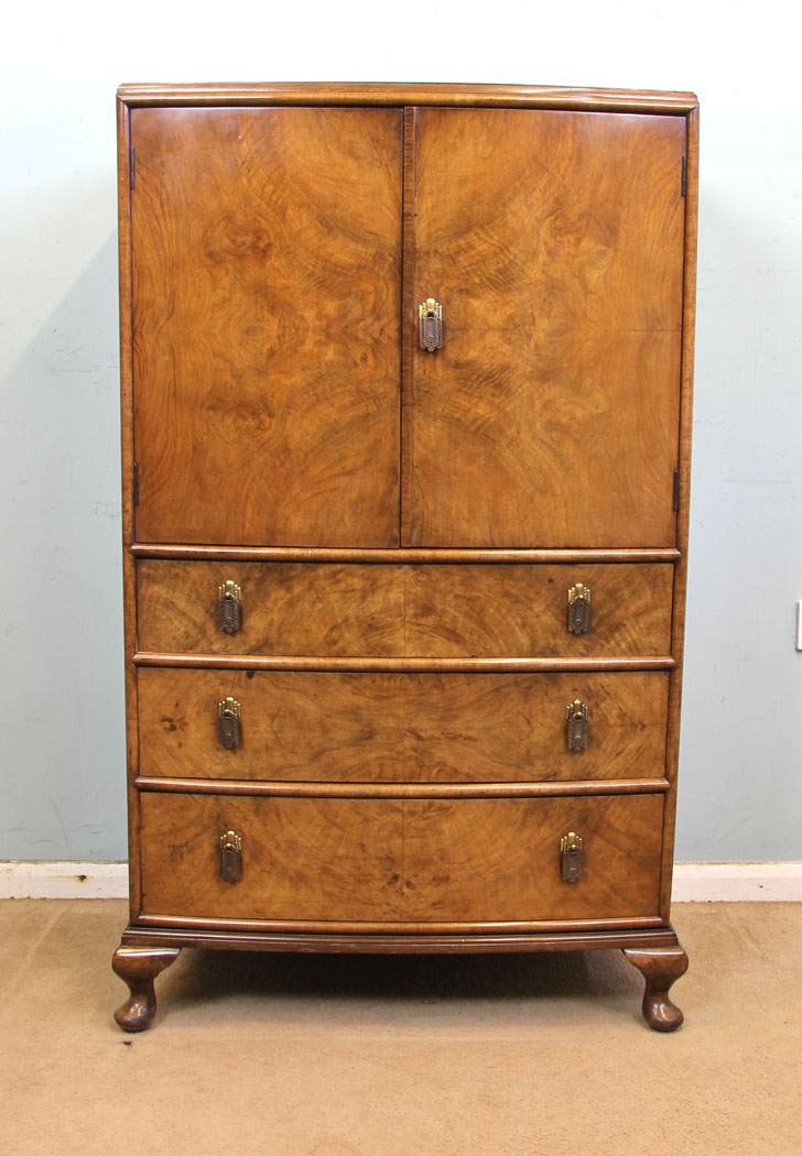11319r1 Antique Walnut Tallboy, Figured Walnut Bow Fronted Tallboy Cupboard