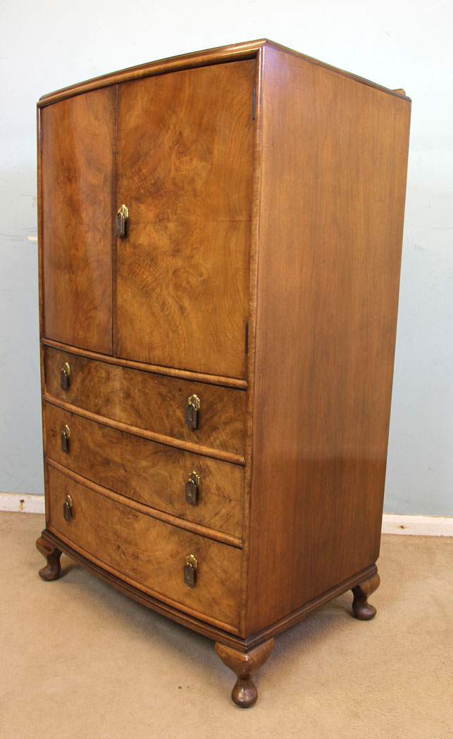 11319r3 Antique Walnut Tallboy, Figured Walnut Bow Fronted Tallboy Cupboard