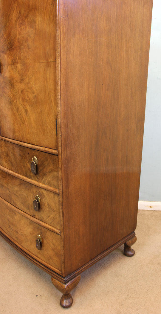 11319r7 Antique Walnut Tallboy, Figured Walnut Bow Fronted Tallboy Cupboard