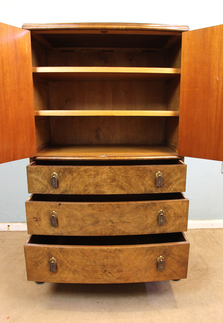 11319r9 Antique Walnut Tallboy, Figured Walnut Bow Fronted Tallboy Cupboard