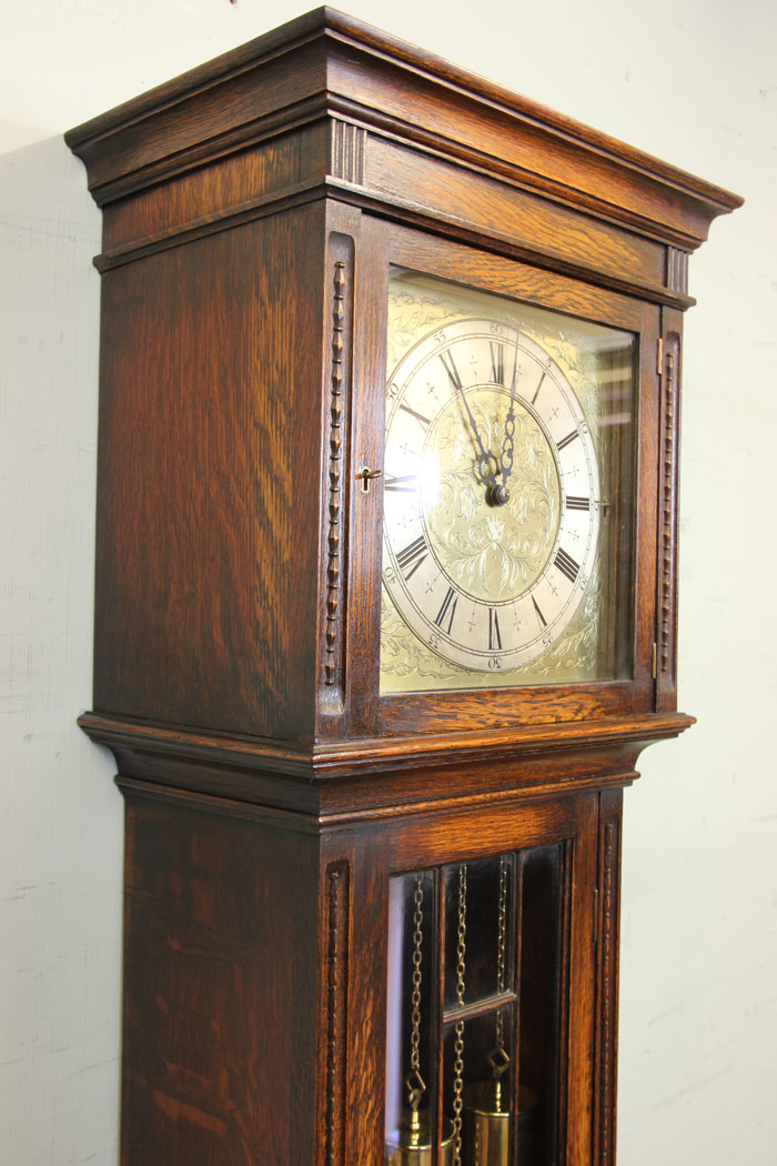 11334r6 Chiming Oak Grandmother Longcase Grandfather Clock, Chiming Oak Grandmother Longcase Grandfather Clock