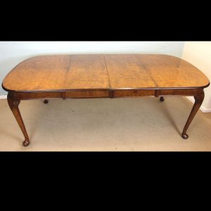 Antique Burr Walnut Queen Anne Style Extending Dining Table.