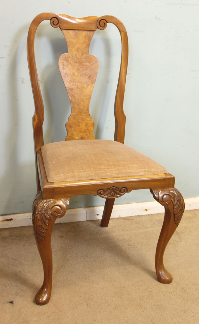 11341r3 Set Four Burr Walnut Antique Queen Anne Style Dining Chairs, Set Four Walnut Antique Queen Anne Style Dining Chairs