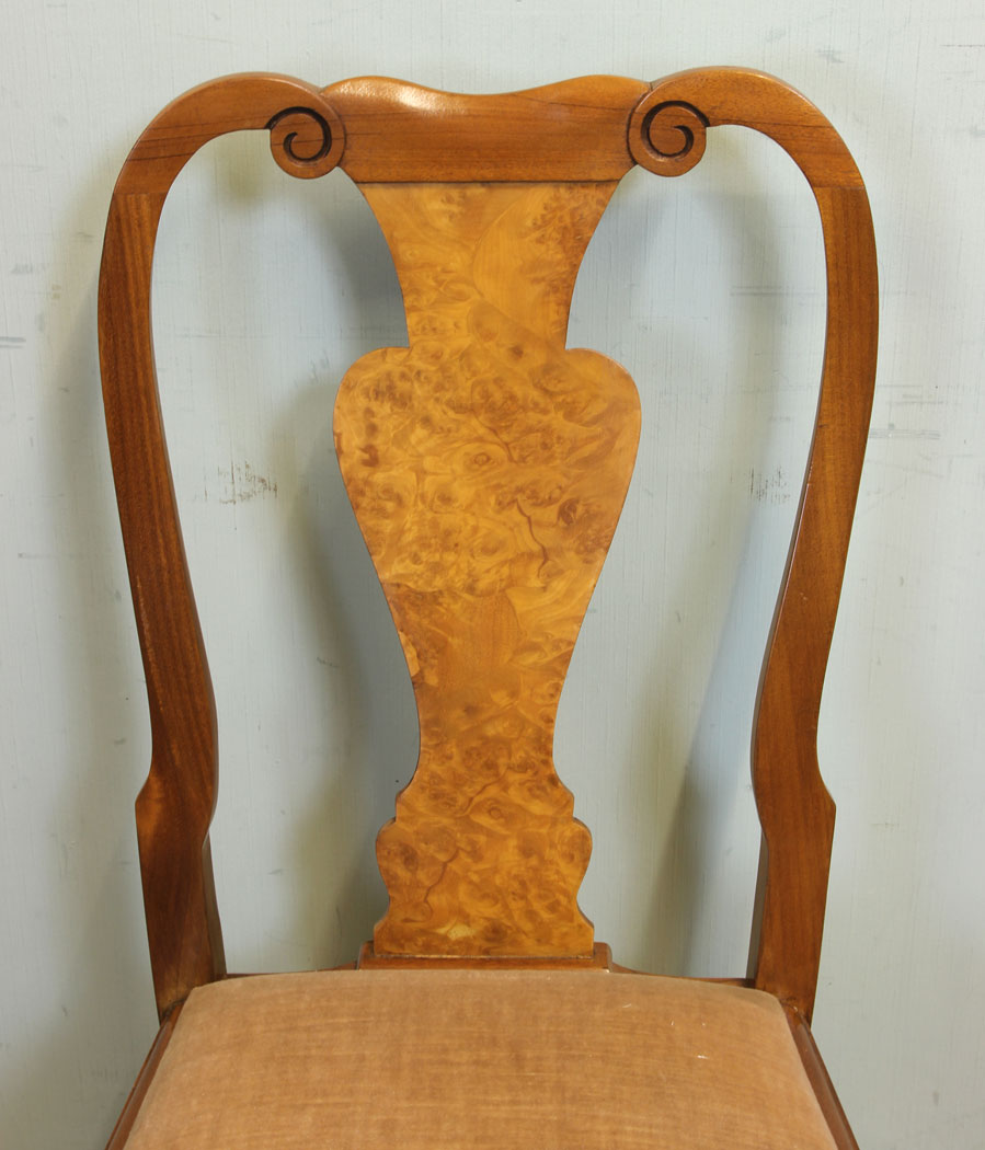 11341r4 Set Four Burr Walnut Antique Queen Anne Style Dining Chairs, Set Four Walnut Antique Queen Anne Style Dining Chairs