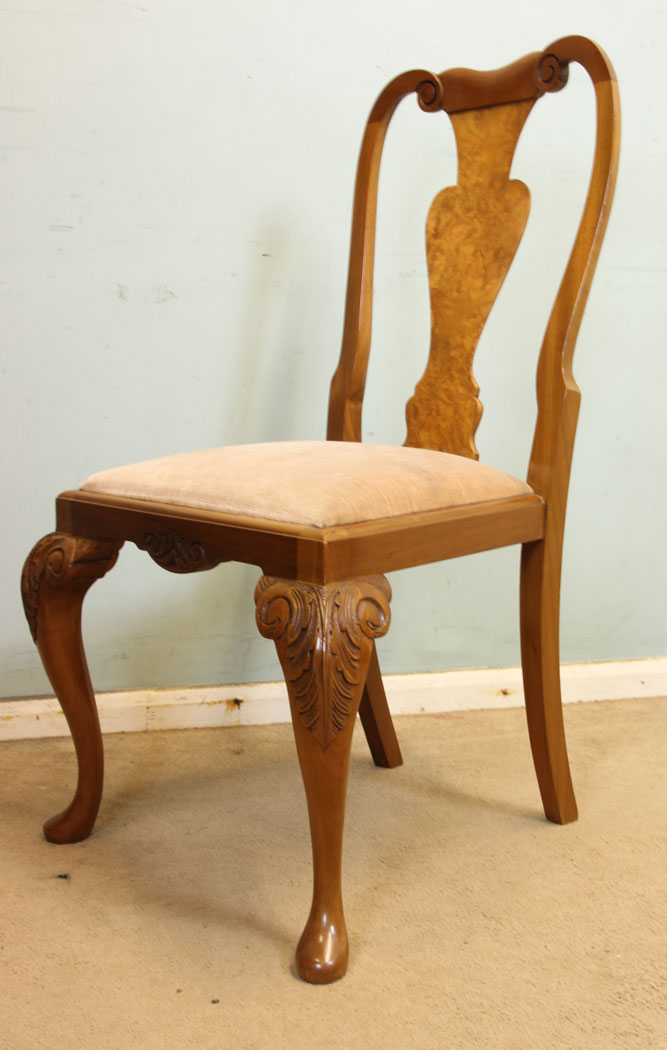 11341r6 Set Four Burr Walnut Antique Queen Anne Style Dining Chairs, Set Four Walnut Antique Queen Anne Style Dining Chairs