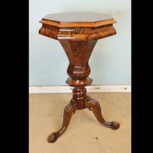 Antique Victorian Burr Walnut Trumpet Sewing Table Work Box