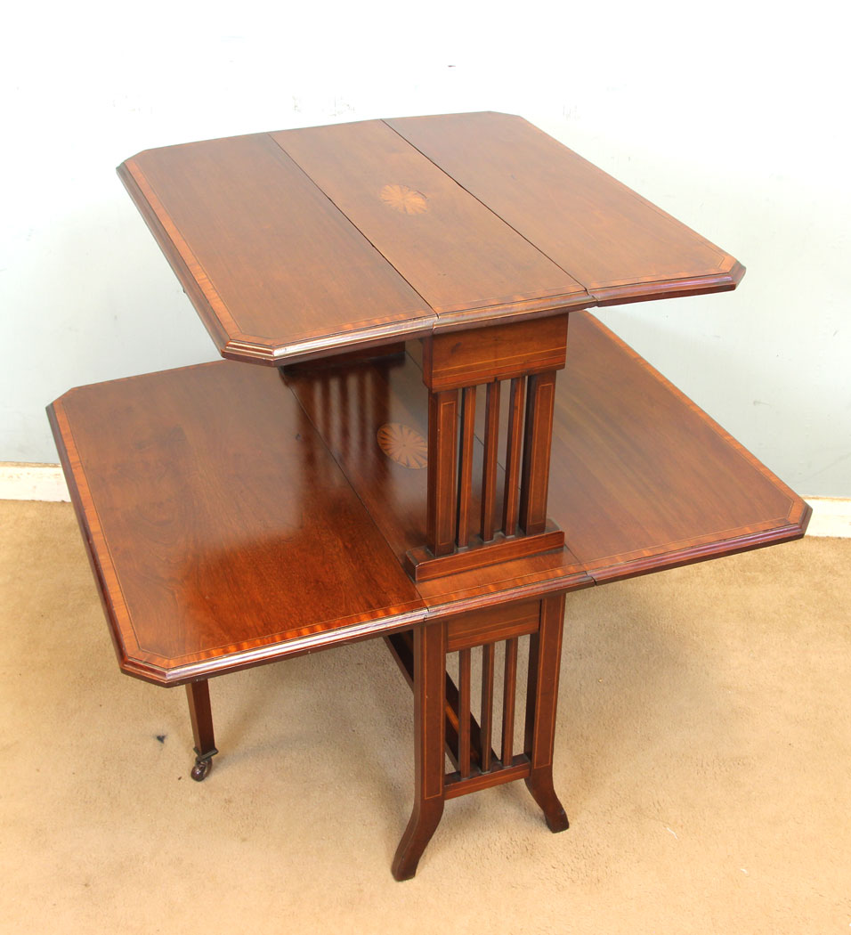 11353r3 Antique Edwardian Double Inlaid Mahogany Sutherland Table, Antique Edwardian Double Inlaid Mahogany Sutherland Table.