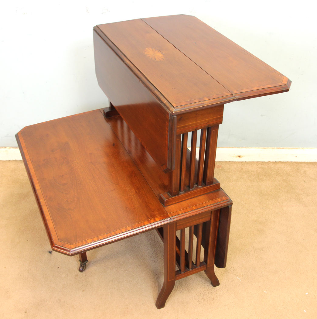 11353r4 Antique Edwardian Double Inlaid Mahogany Sutherland Table, Antique Edwardian Double Inlaid Mahogany Sutherland Table.
