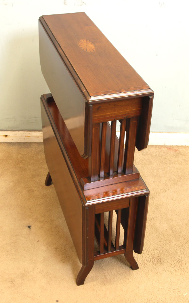 11353r5 Antique Edwardian Double Inlaid Mahogany Sutherland Table, Antique Edwardian Double Inlaid Mahogany Sutherland Table.