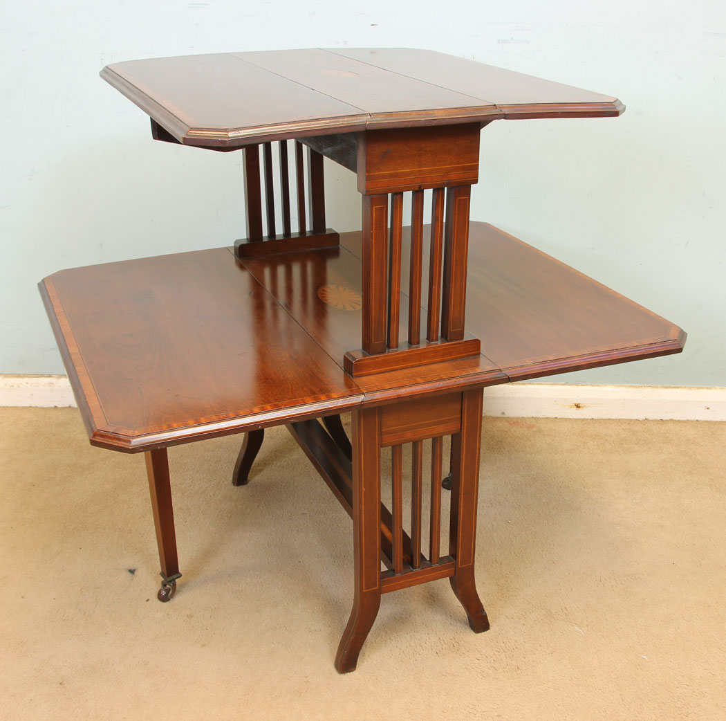 11353r6 Antique Edwardian Double Inlaid Mahogany Sutherland Table, Antique Edwardian Double Inlaid Mahogany Sutherland Table.