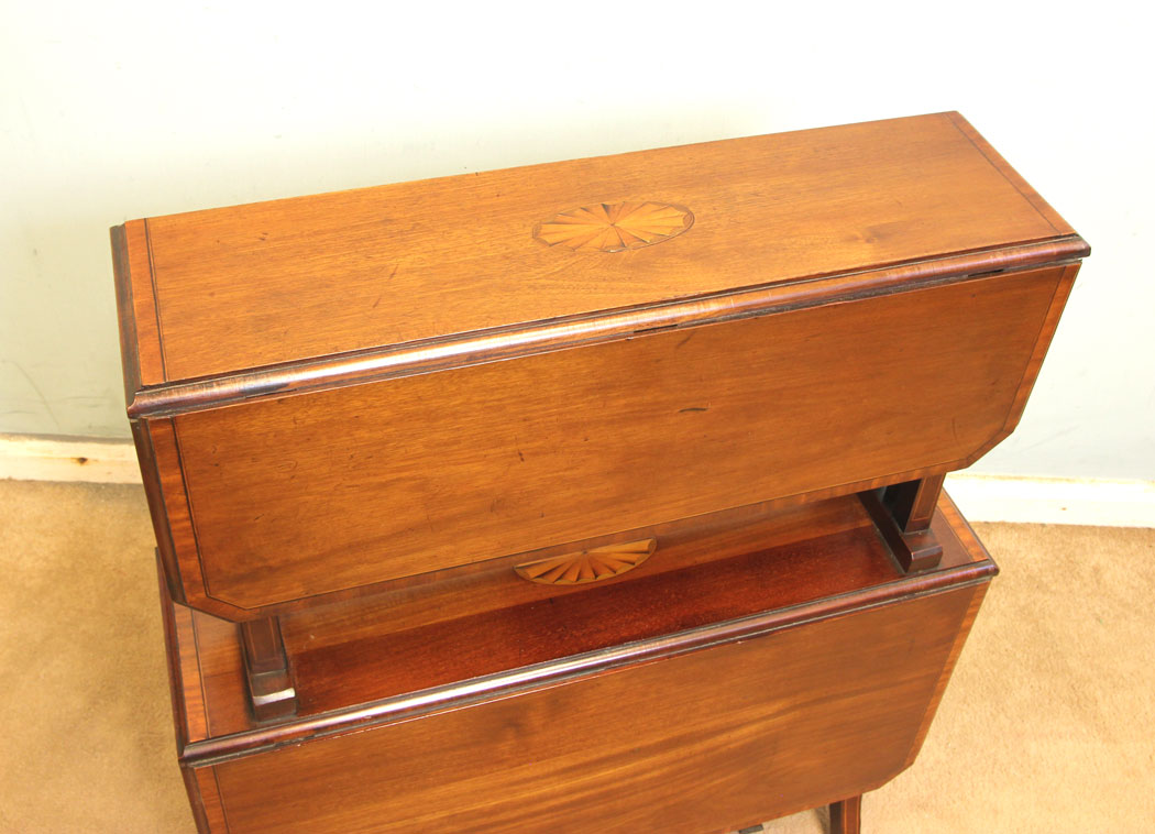 11353r7 Antique Edwardian Double Inlaid Mahogany Sutherland Table, Antique Edwardian Double Inlaid Mahogany Sutherland Table.