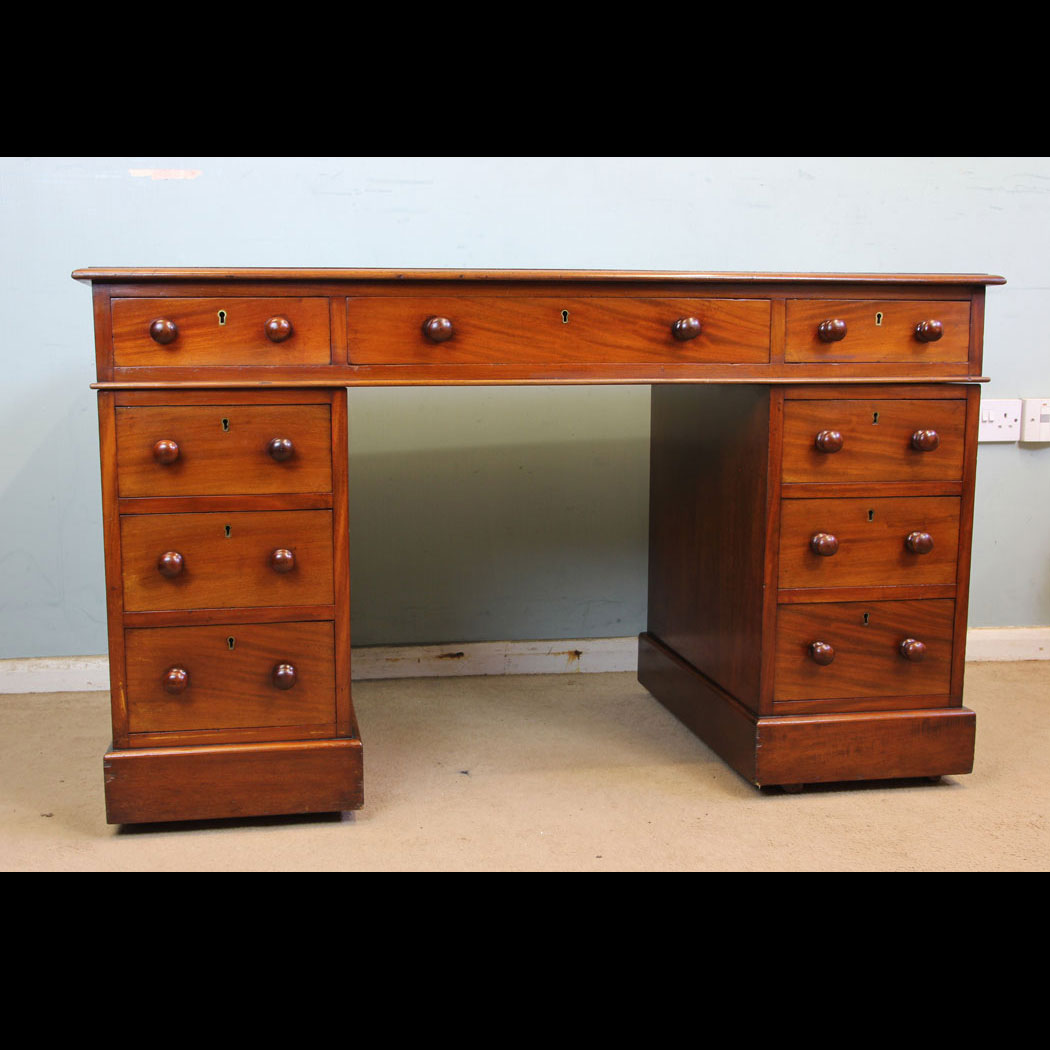 11355r02 Antique Victorian Mahogany Writing Desk, Antique Victorian Mahogany Pedestal Leather Top Kneehole Writing Desk