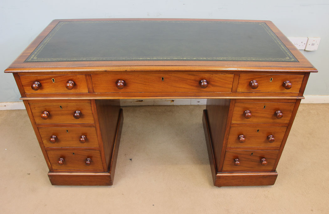 11355r1 Antique Victorian Mahogany Writing Desk, Antique Victorian Mahogany Pedestal Leather Top Kneehole Writing Desk