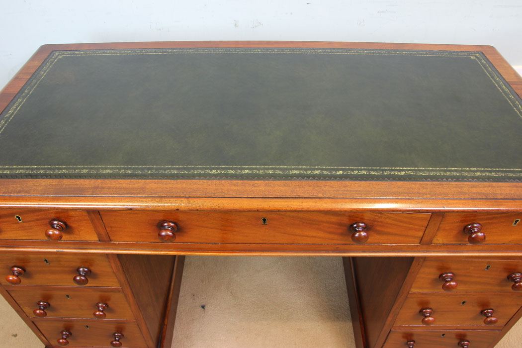 11355r3 Antique Victorian Mahogany Writing Desk, Antique Victorian Mahogany Pedestal Leather Top Kneehole Writing Desk