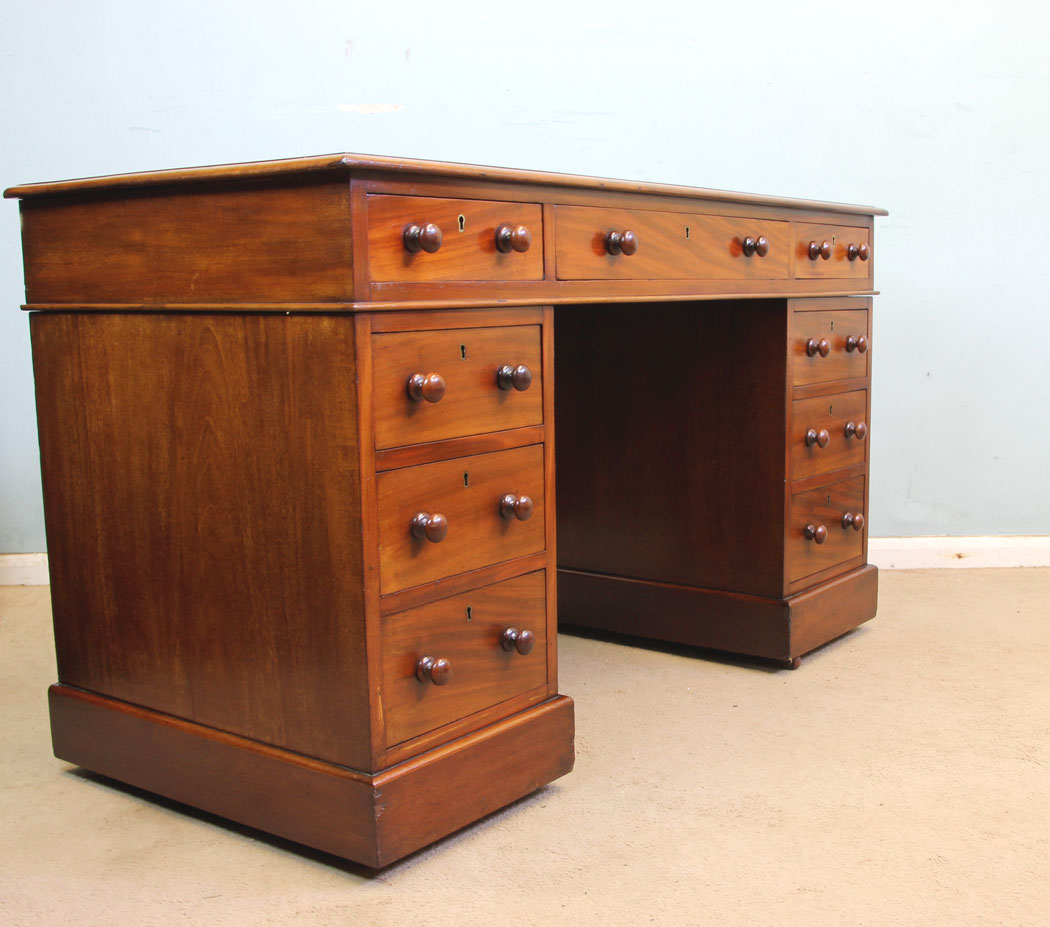 11355r4 Antique Victorian Mahogany Writing Desk, Antique Victorian Mahogany Pedestal Leather Top Kneehole Writing Desk