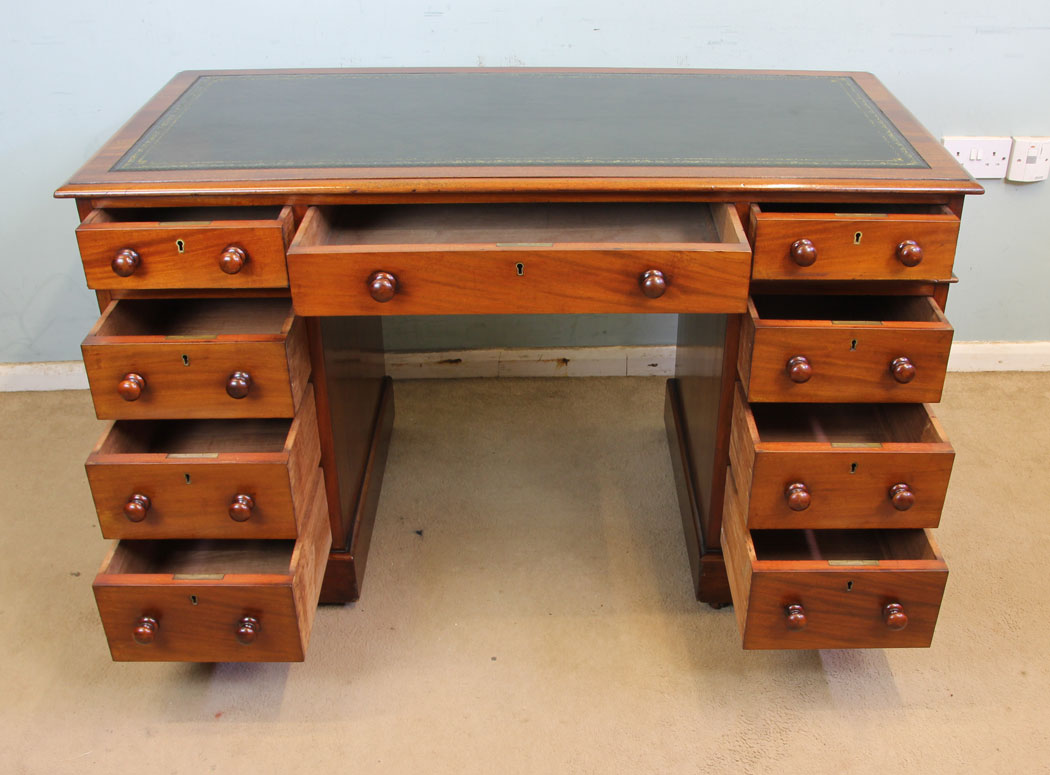 11355r6 Antique Victorian Mahogany Writing Desk, Antique Victorian Mahogany Pedestal Leather Top Kneehole Writing Desk