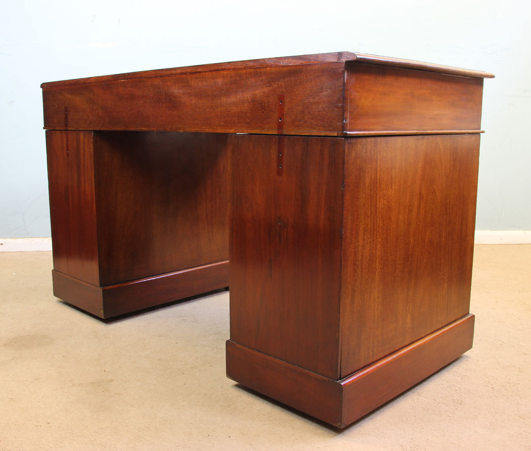 11355r7 Antique Victorian Mahogany Writing Desk, Antique Victorian Mahogany Pedestal Leather Top Kneehole Writing Desk