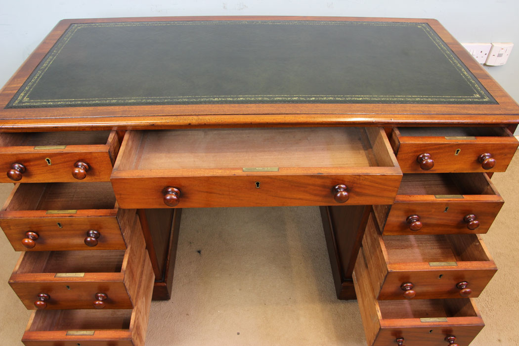 11355r9 Antique Victorian Mahogany Writing Desk, Antique Victorian Mahogany Pedestal Leather Top Kneehole Writing Desk