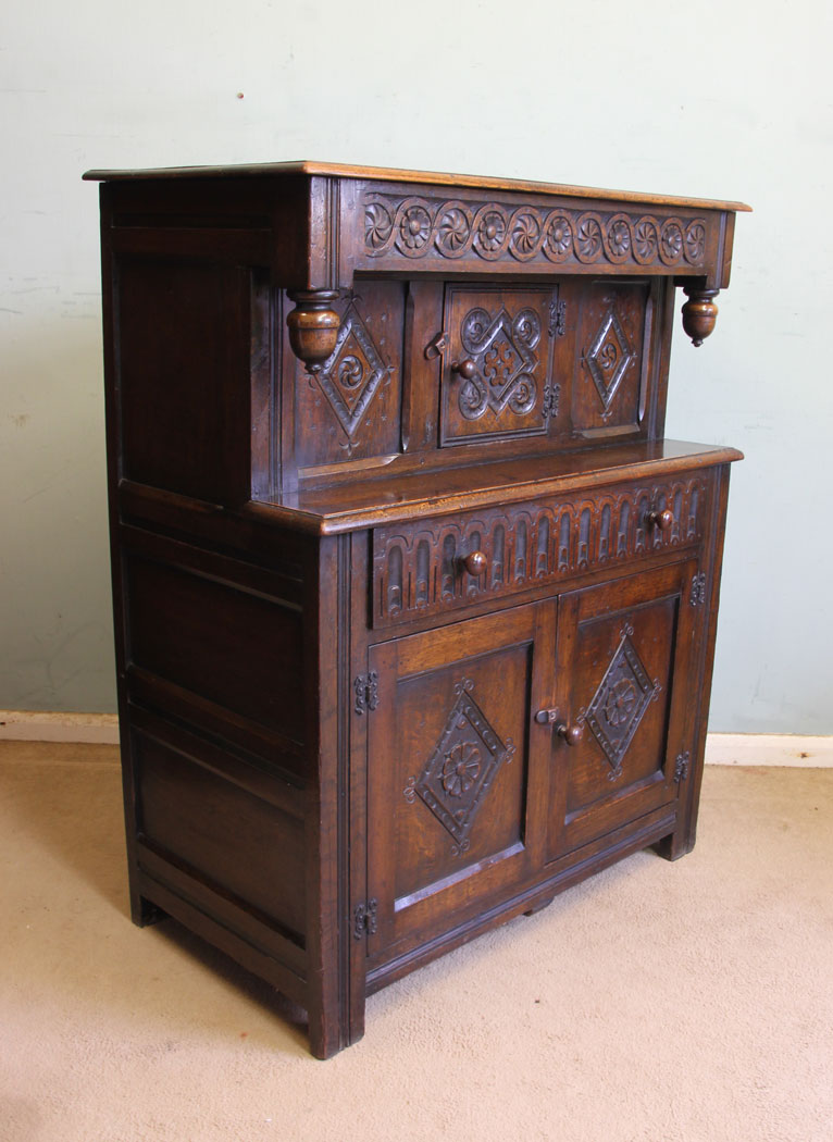 11356r6 Antique Solid Oak Court Cupboard, Antique Carved Oak Sideboard Court Cupboard