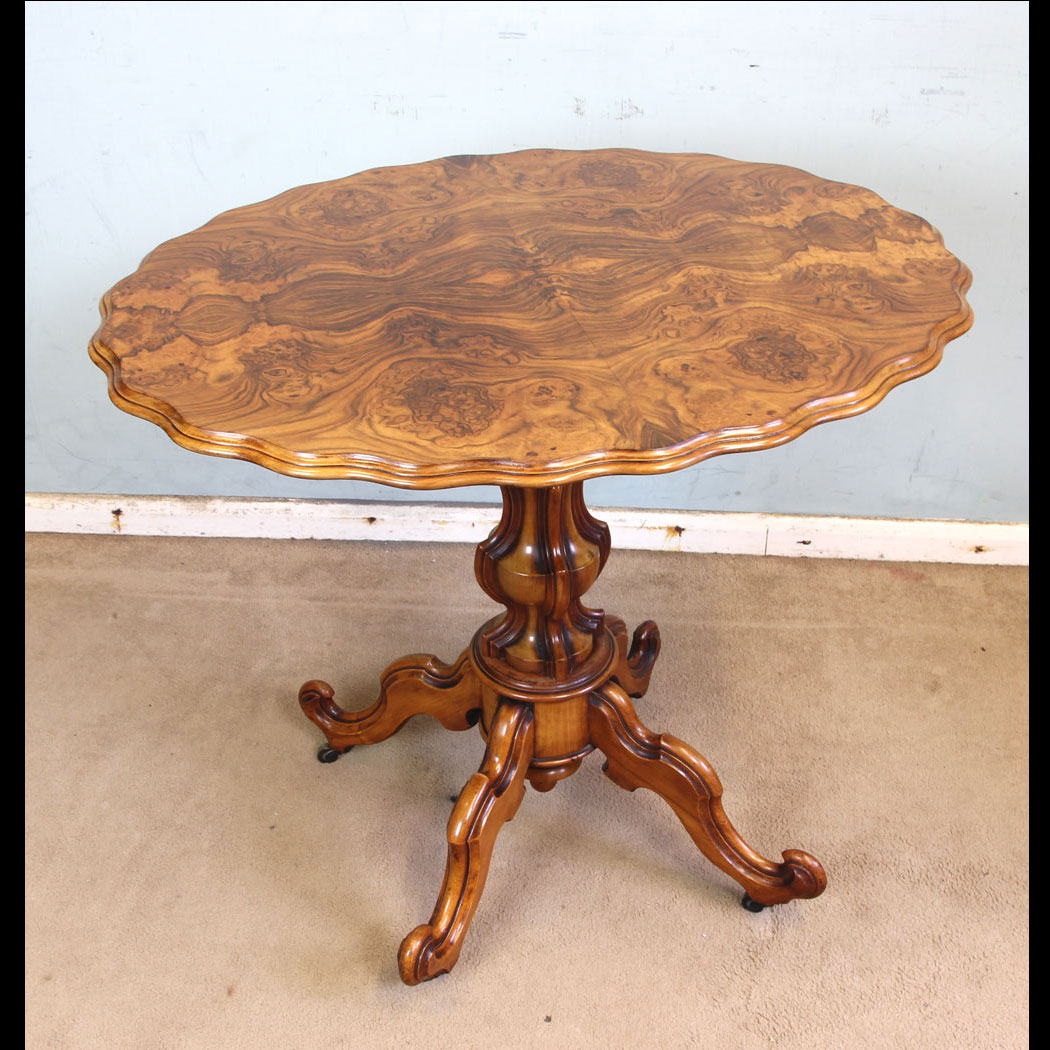 11358r01 Antique Burr Walnut Occasional Table, Antique Burr Walnut Shaped Occasional Table