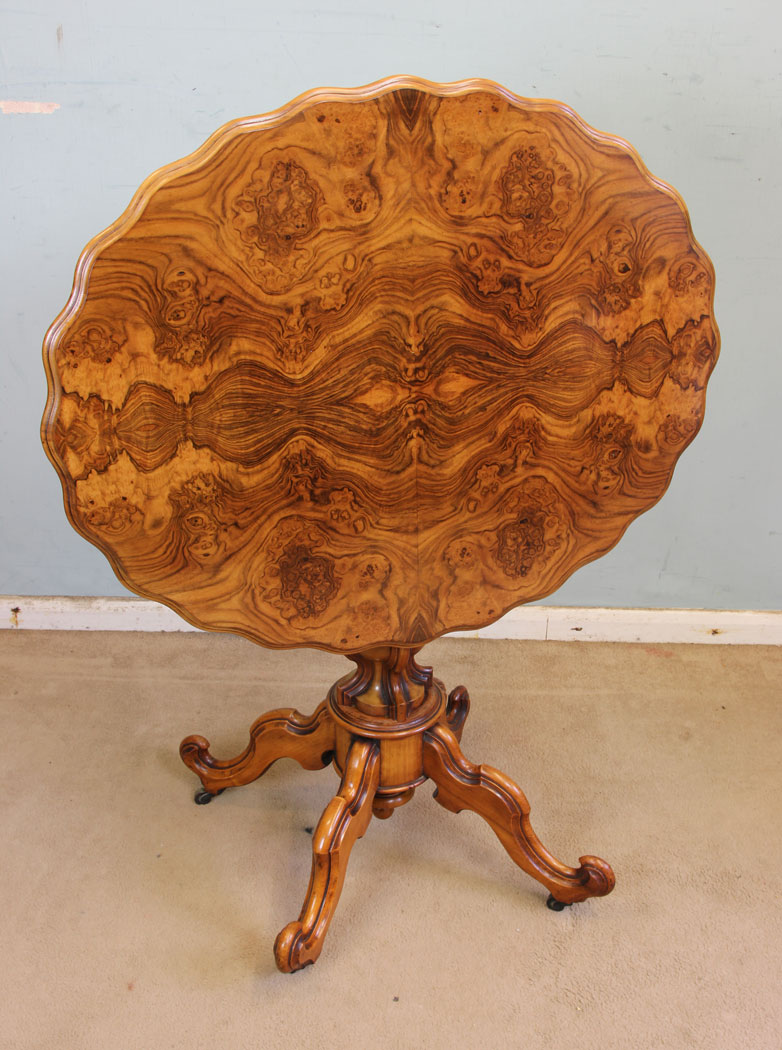 11358r2 Antique Burr Walnut Tilt top Occasional Table, Antique Burr Walnut Shaped Occasional Table