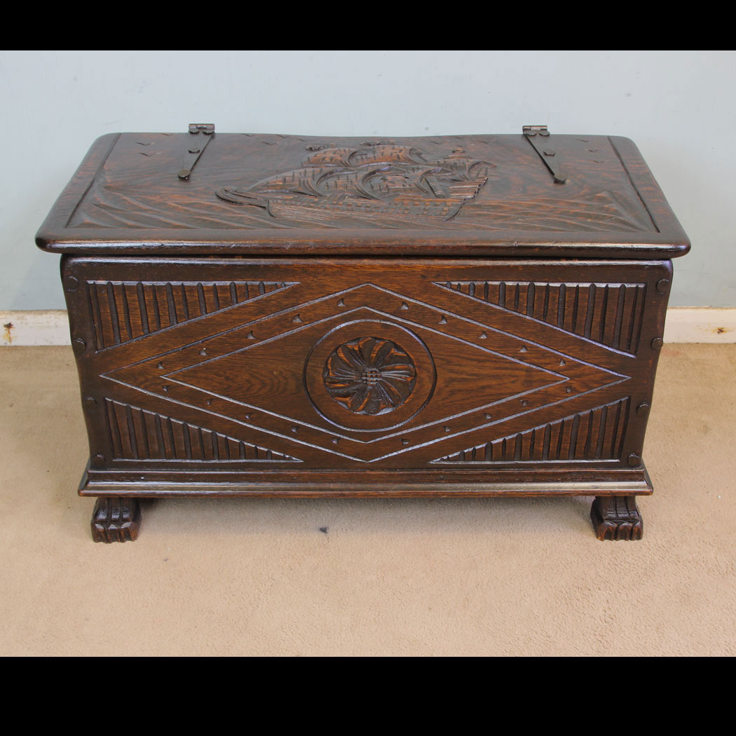 11359r01 Antique Vintage Carved Oak Chest, Coffer, Antique Carved Oak Coffer Chest
