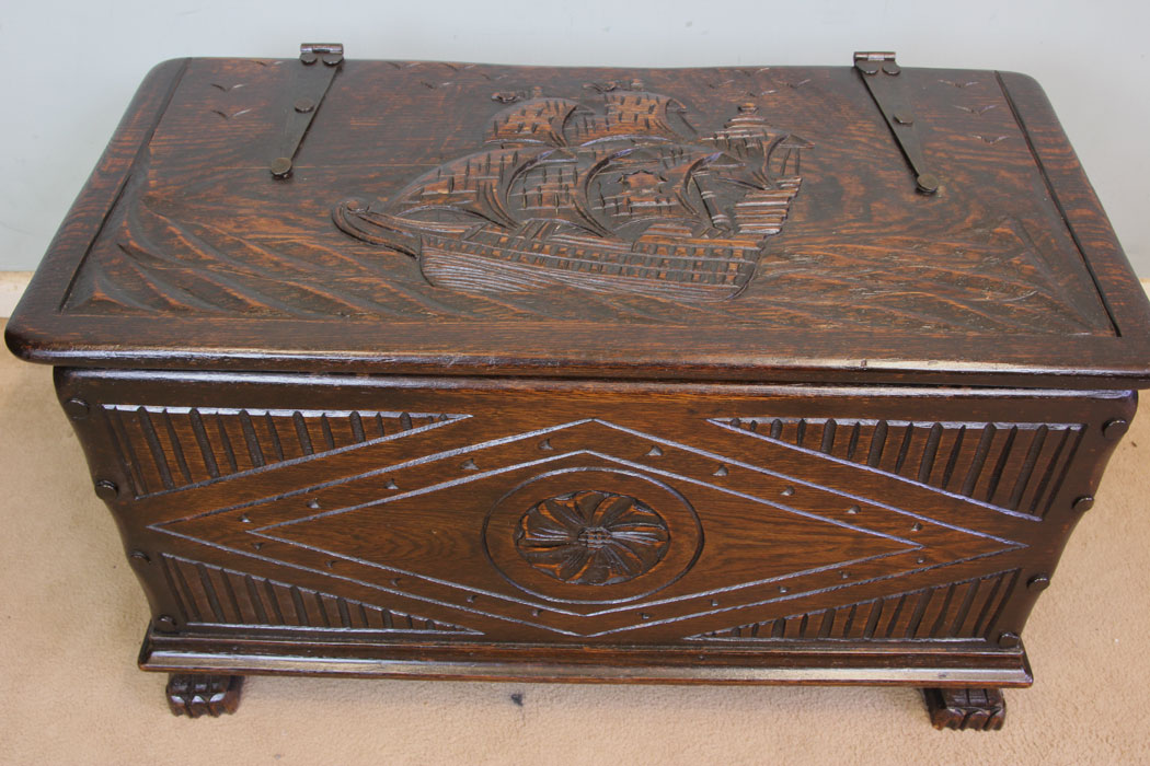11359r2 Antique Vintage Carved Galleon Oak Chest, Coffer, Antique Carved Oak Coffer Chest