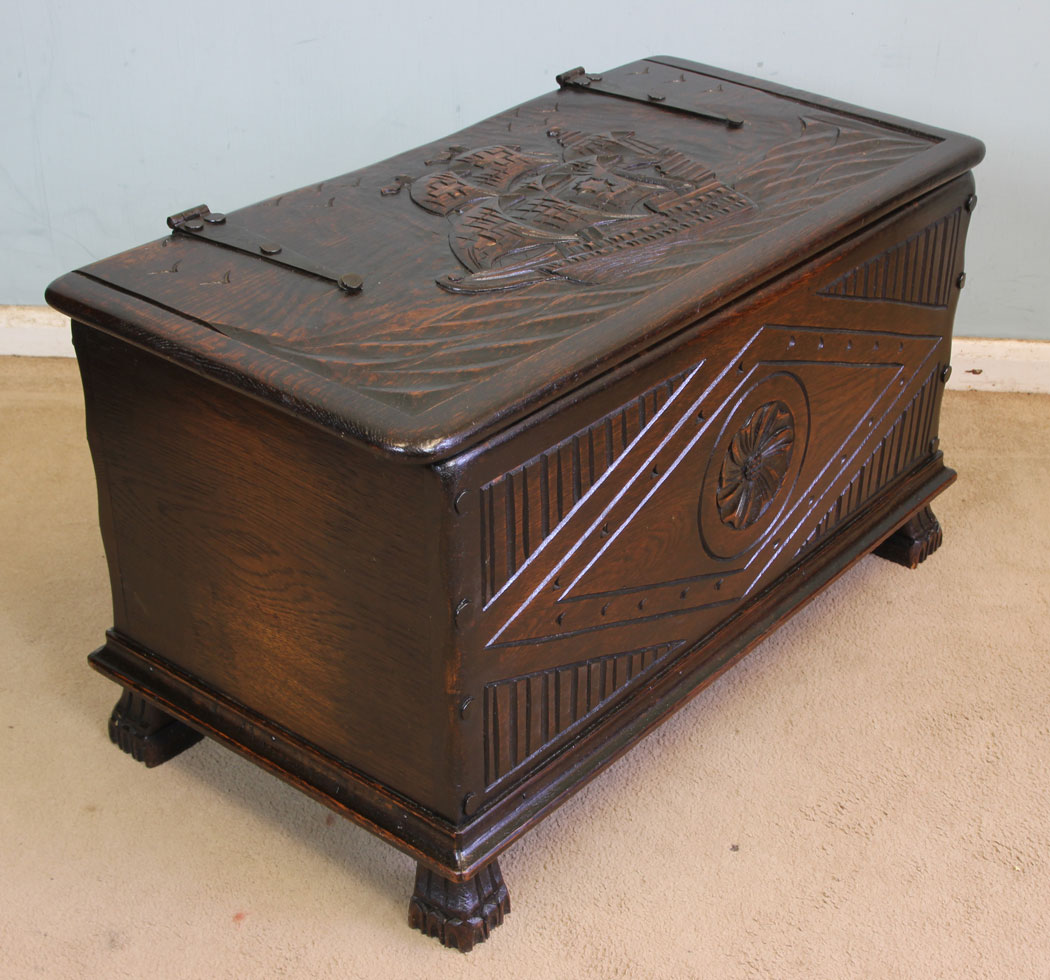 11359r3 Antique Vintage Carved Galleon Ship Oak Chest, Coffer, Antique Carved Oak Coffer Chest