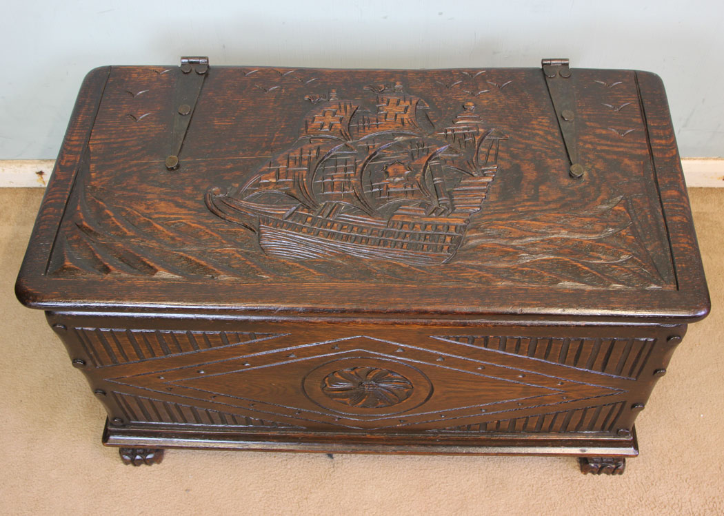 11359r4 Antique Carved Galleon Oak Chest, Coffer, Antique Carved Oak Coffer Chest