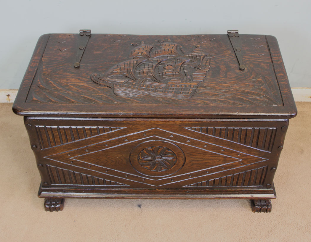 11359r5 Antique Vintage Carved Galleon Oak Chest, Coffer, Antique Carved Oak Coffer Chest