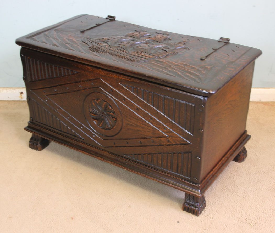 11359r6 Antique Vintage Carved Galleon Oak Storage Chest, Coffer, Antique Carved Oak Coffer Chest