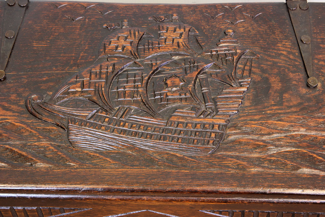 11359r7 Antique Carved Galleon Oak Storage Chest, Coffer, Antique Carved Oak Coffer Chest